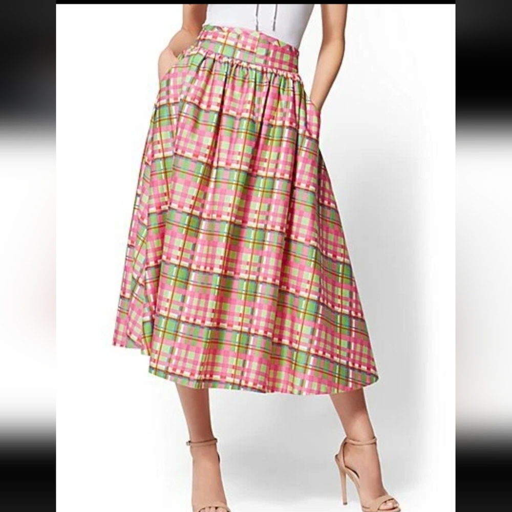 New York & Co Multi-color Plaid Circle Skirt High Waist‎ Pockets 50s Retro 14